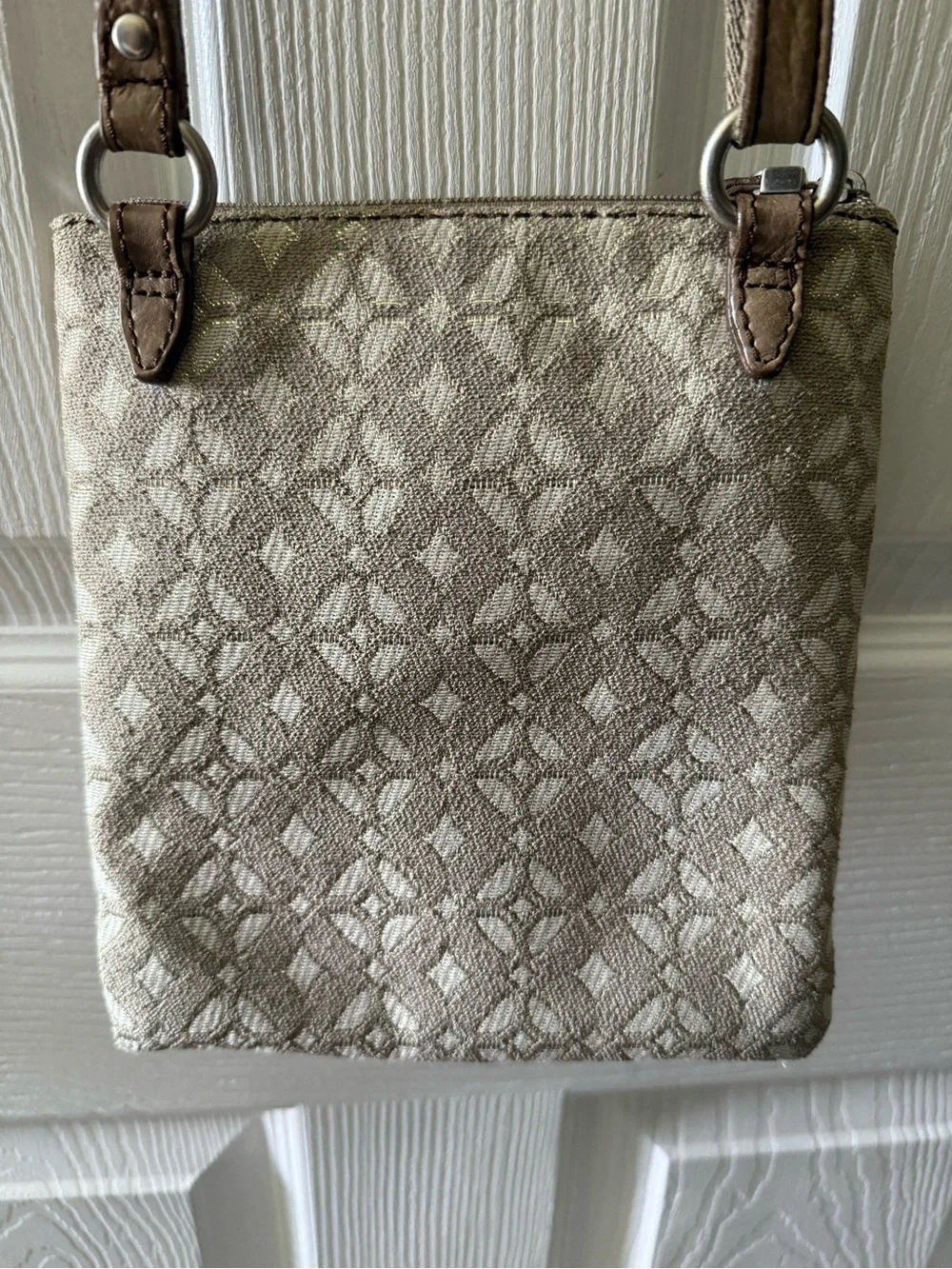 Fossil Key-Per Crossbody Purse Handbag Canvas Leather Bag Neutral Colors